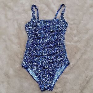 Lands' End Navy Leaf Print One Piece Swimsuit